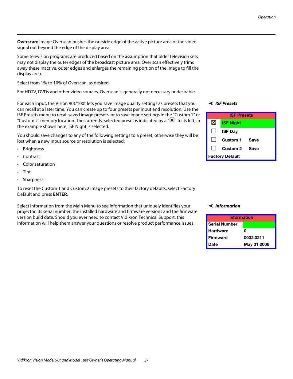 Overscan, Isf presets, Information | Vidikron Vision 90t User Manual | Page 47 / 76