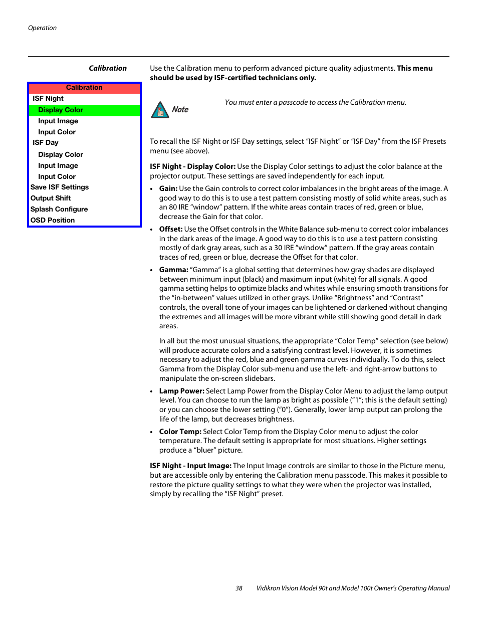 Calibration, Isf night - display color, Isf night - input image | Vidikron Vision 90t User Manual | Page 48 / 76