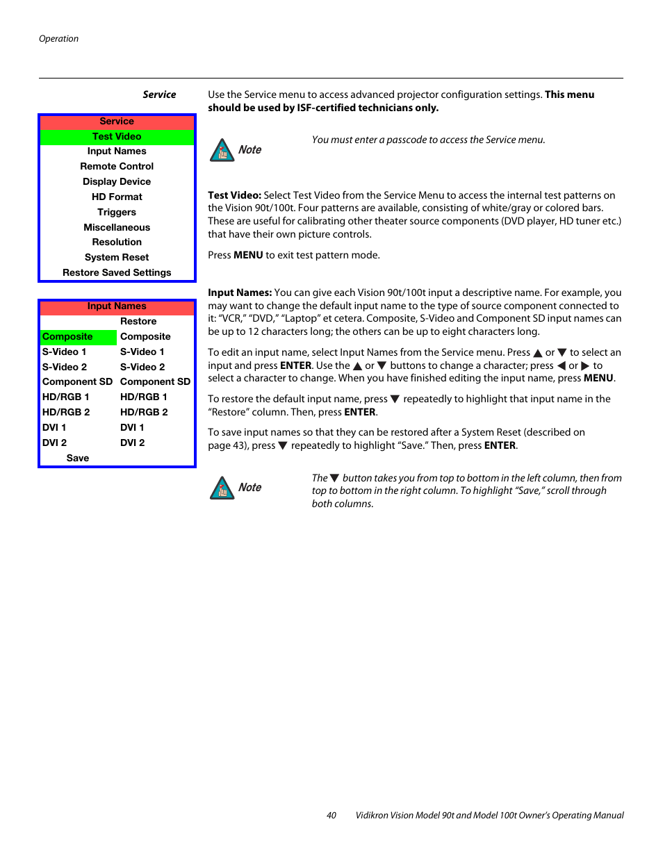 Service, Test video, Input names | Vidikron Vision 90t User Manual | Page 50 / 76