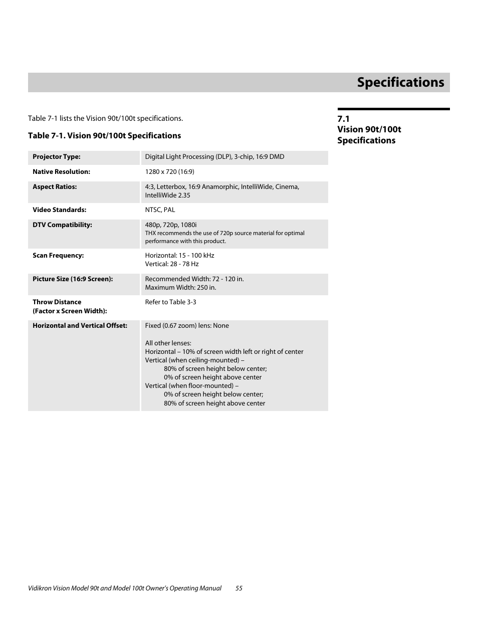 7 specifications, 1 vision 90t/100t specifications, Table 7-1 . vision 90t/100t specifications | Specifications, Vision 90t/100t specifications | Vidikron Vision 90t User Manual | Page 65 / 76