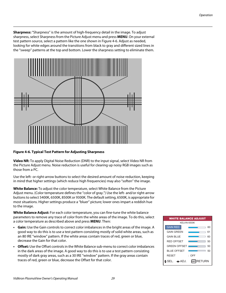 Sharpness, Video nr, White balance | White balance adjust, 6. typical test pattern for adjusting sharpness, Pre l iminar y | Vidikron VP-42HD User Manual | Page 39 / 64