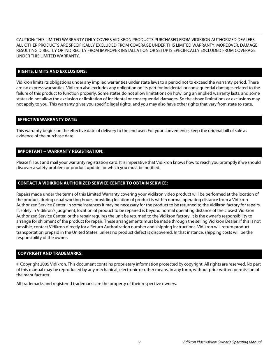 Pre l iminar y | Vidikron VP-42HD User Manual | Page 4 / 64