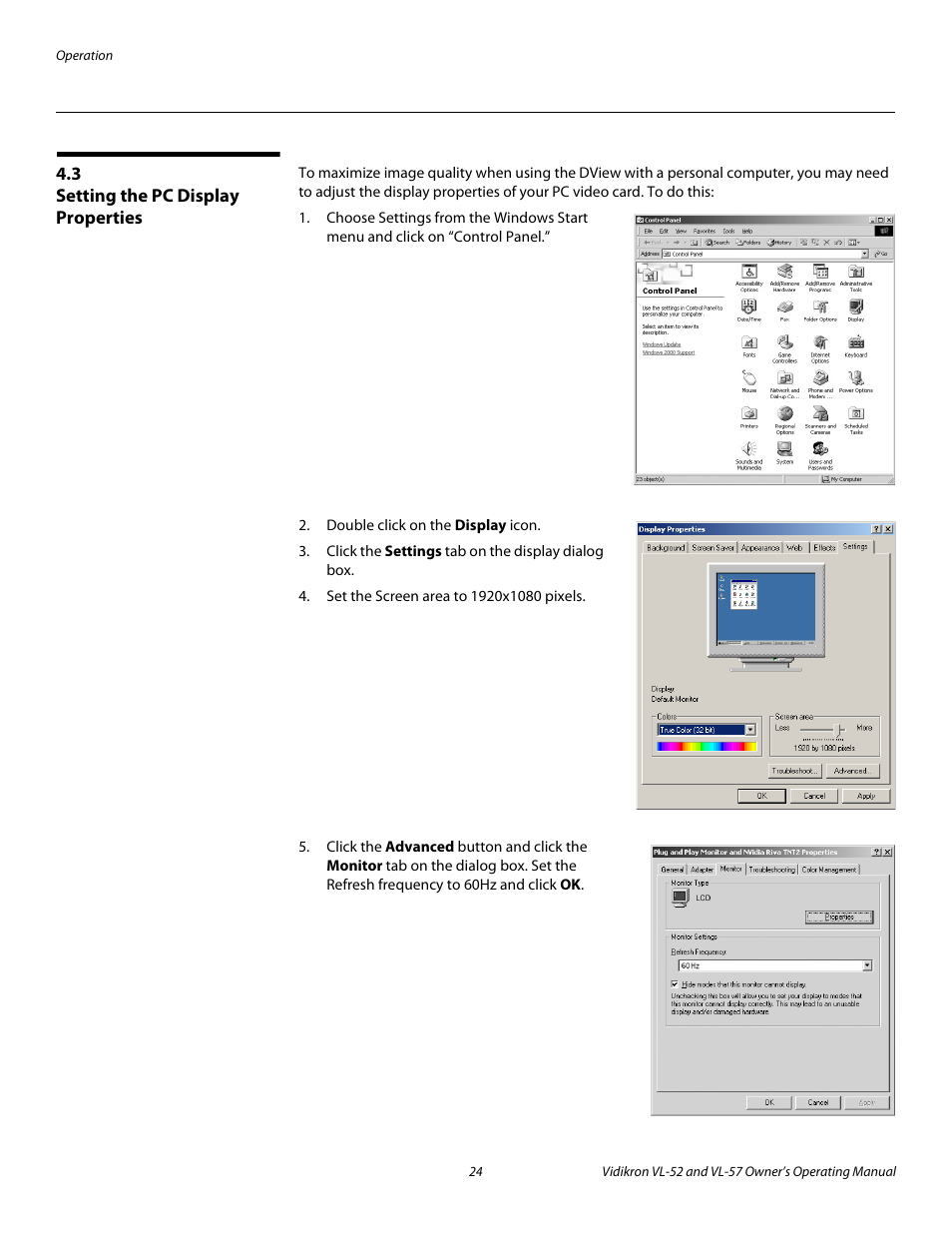 3 setting the pc display properties, Setting the pc display properties, Pre l iminar y | Vidikron VL-57 User Manual | Page 36 / 76