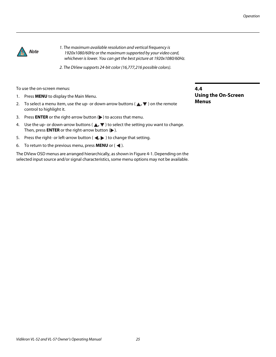 4 using the on-screen menus, Using the on-screen menus, Pre l iminar y | Vidikron VL-57 User Manual | Page 37 / 76