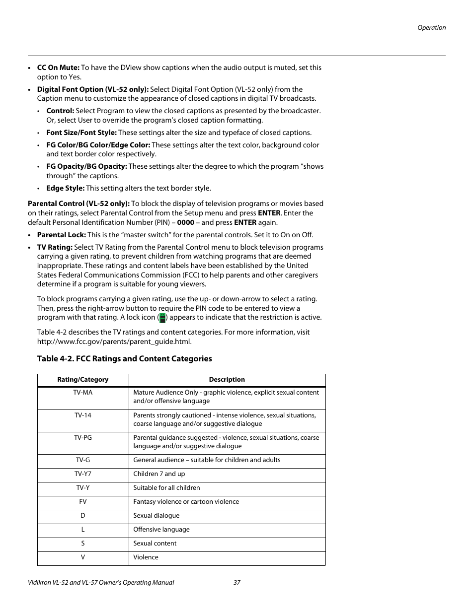 Parental control (vl-52 only), Table 4-2 . fcc ratings and content categories, Pre l iminar y | Vidikron VL-57 User Manual | Page 49 / 76
