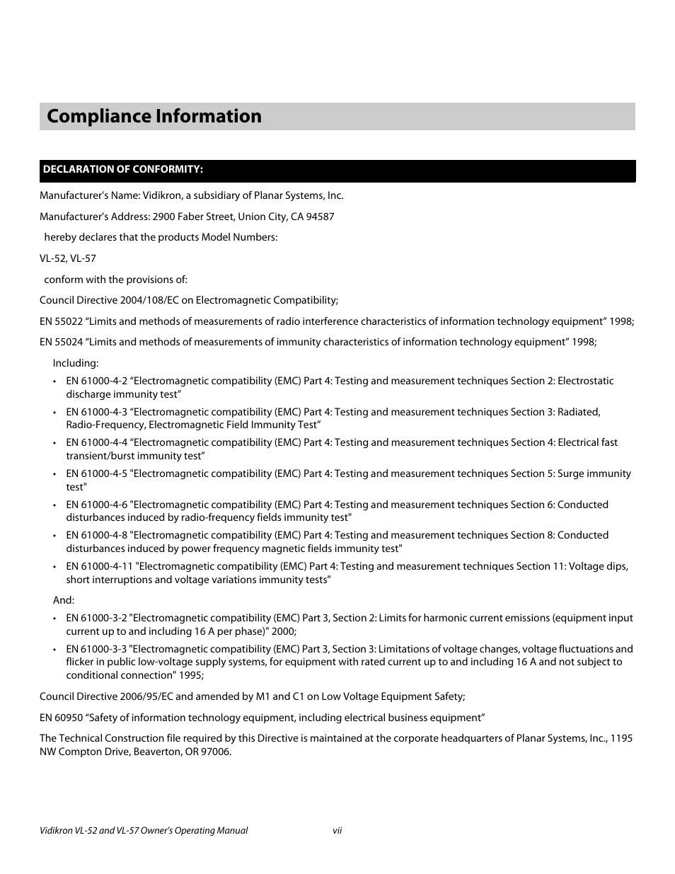 Compliance information, Pre l iminar y | Vidikron VL-57 User Manual | Page 7 / 76