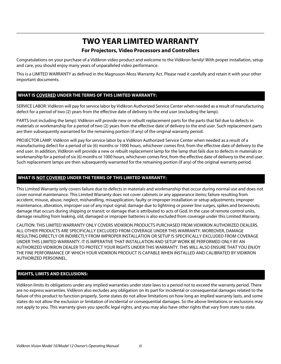 Two year limited warranty, Pre l iminar y | Vidikron Vision 12 User Manual | Page 3 / 74