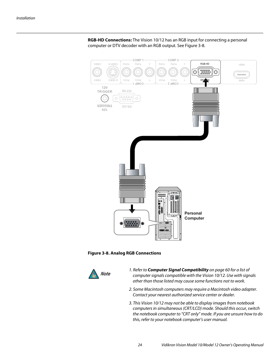 Rgb-hd connections, Figure 3-8 . analog rgb connections, 8. analog rgb connections | Pre l iminar y | Vidikron Vision 12 User Manual | Page 34 / 74