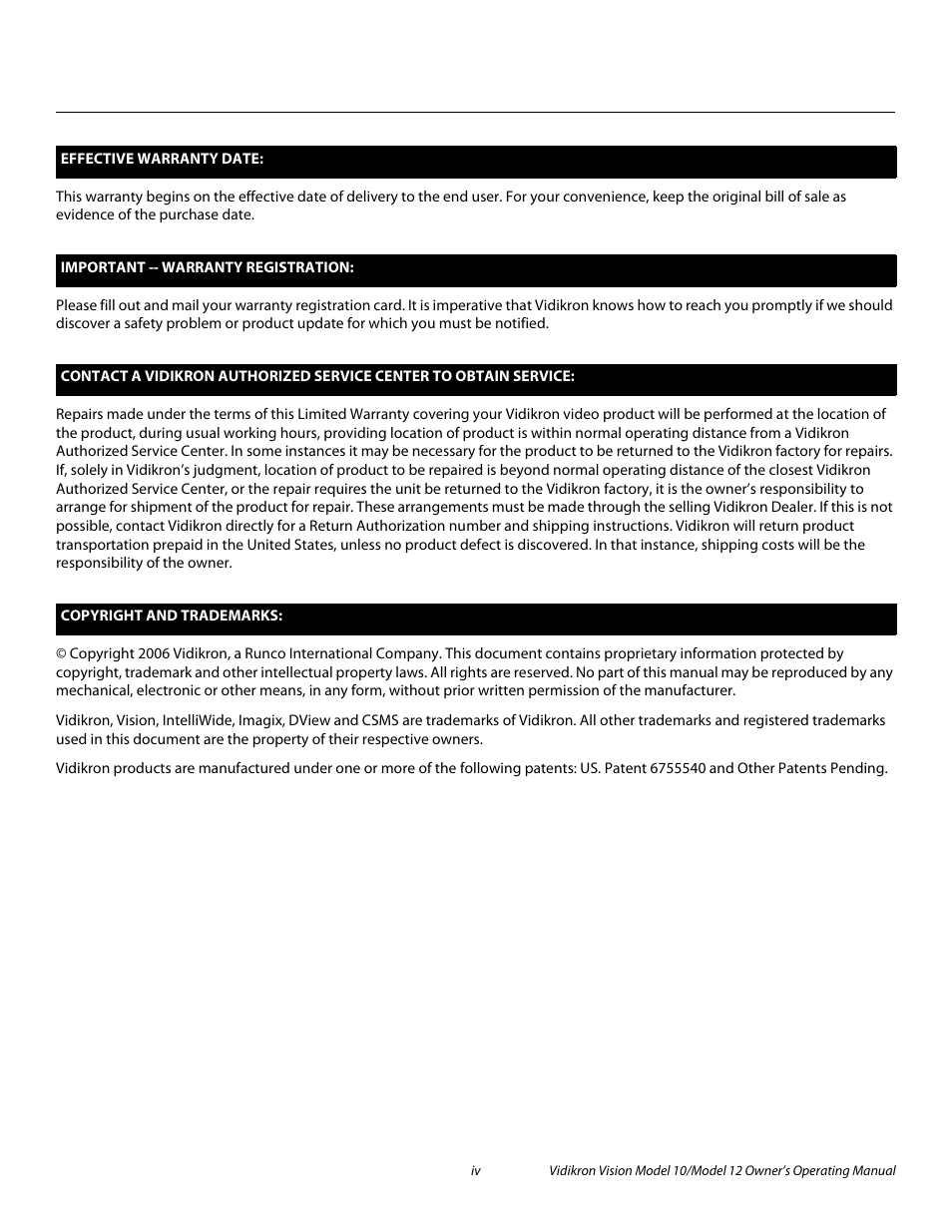 Pre l iminar y | Vidikron Vision 12 User Manual | Page 4 / 74