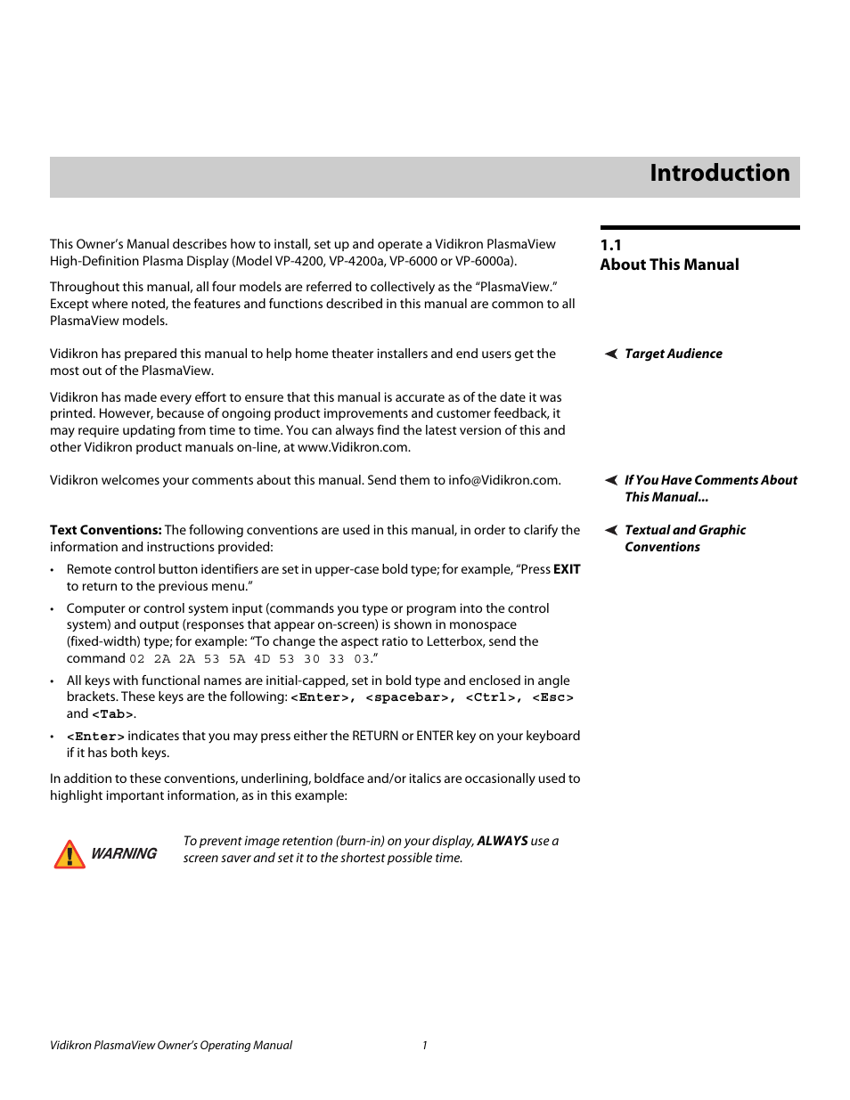 1 introduction, 1 about this manual, Target audience | If you have comments about this manual, Textual and graphic conventions, Text conventions, Introduction, About this manual, Pre l iminar y | Vidikron VP-4200a User Manual | Page 11 / 82