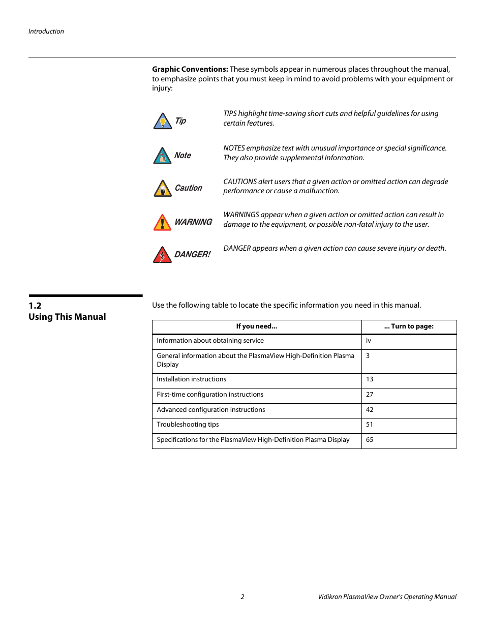 Graphic conventions, 2 using this manual, Using this manual | Pre l iminar y | Vidikron VP-4200a User Manual | Page 12 / 82