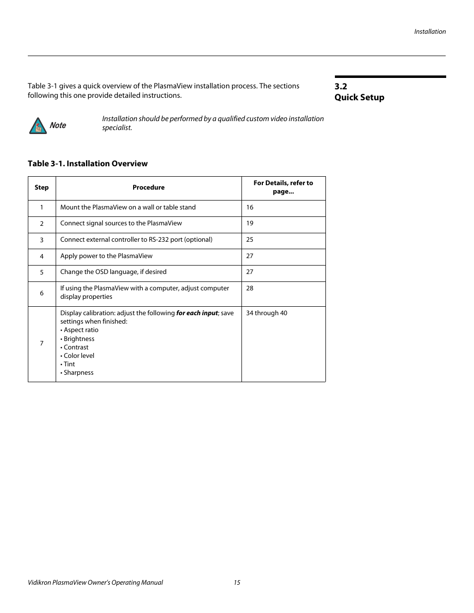 2 quick setup, Table 3-1 . installation overview, Quick setup | Pre l iminar y | Vidikron VP-4200a User Manual | Page 25 / 82