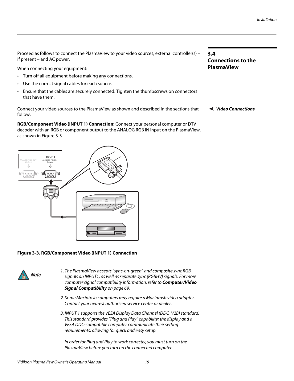 4 connections to the plasmaview, Video connections, Rgb/component video (input 1) connection | Connections to the plasmaview, 3. rgb/component video (input 1) connection, Pre l iminar y | Vidikron VP-4200a User Manual | Page 29 / 82