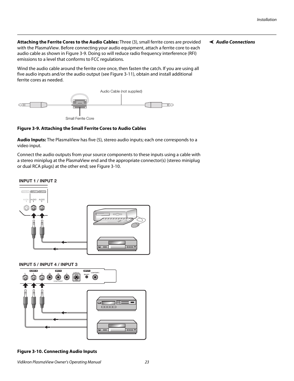 Audio connections, Attaching the ferrite cores to the audio cables, Audio inputs | Figure 3-10 . connecting audio inputs, Iminar, 10. connecting audio inputs, Pre l iminar y | Vidikron VP-4200a User Manual | Page 33 / 82