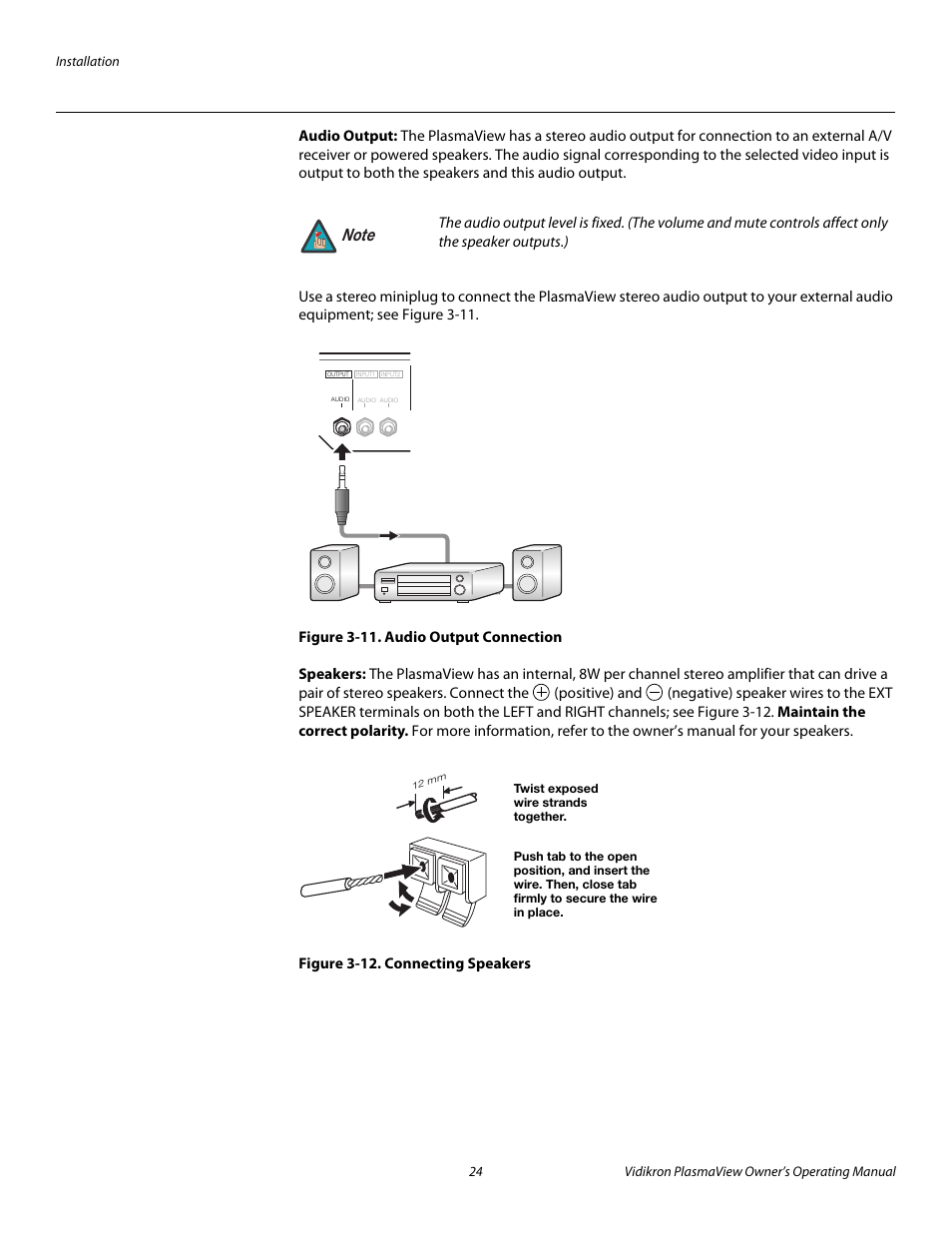 Audio output, Figure 3-11 . audio output connection, Speakers | Figure 3-12 . connecting speakers, 11. audio output connection, 12. connecting speakers, Figure 3-11, Pre l iminar y | Vidikron VP-4200a User Manual | Page 34 / 82