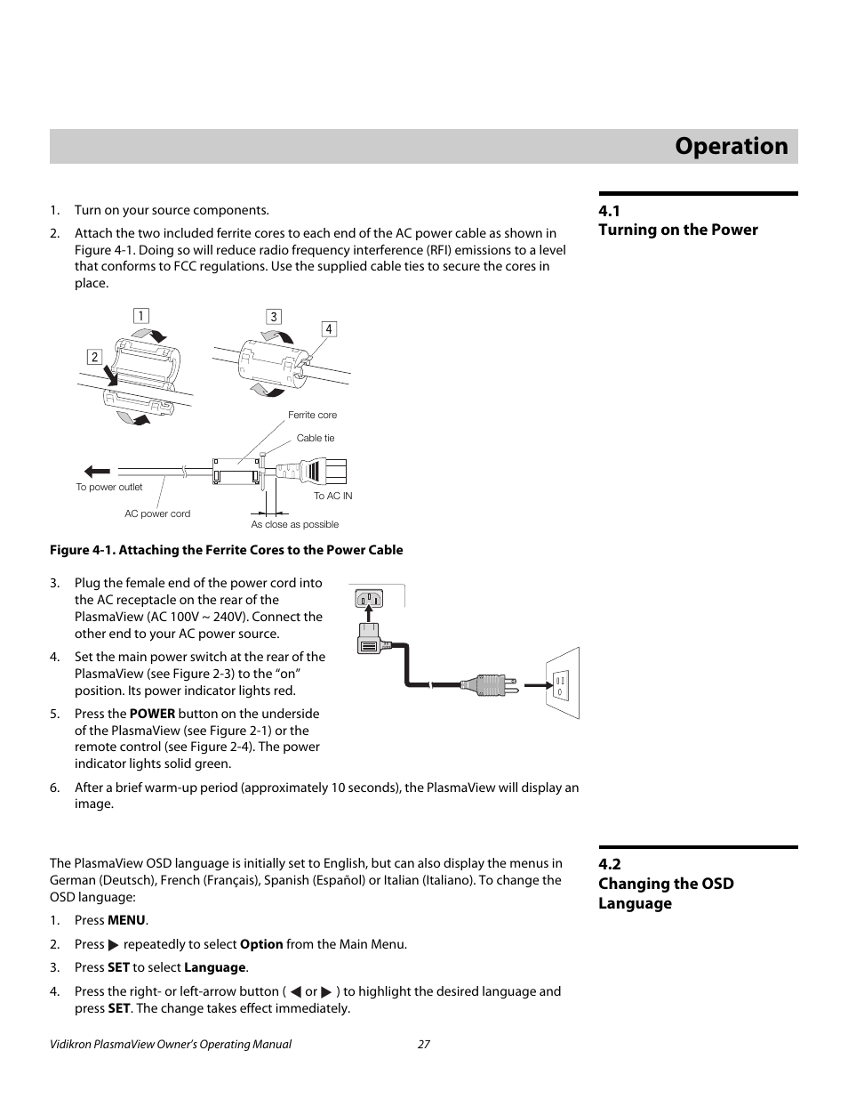 4 operation, 1 turning on the power, 2 changing the osd language | Operation, Turning on the power, Changing the osd language, 1. attaching the ferrite cores to the power cable, Pre l iminar y | Vidikron VP-4200a User Manual | Page 37 / 82