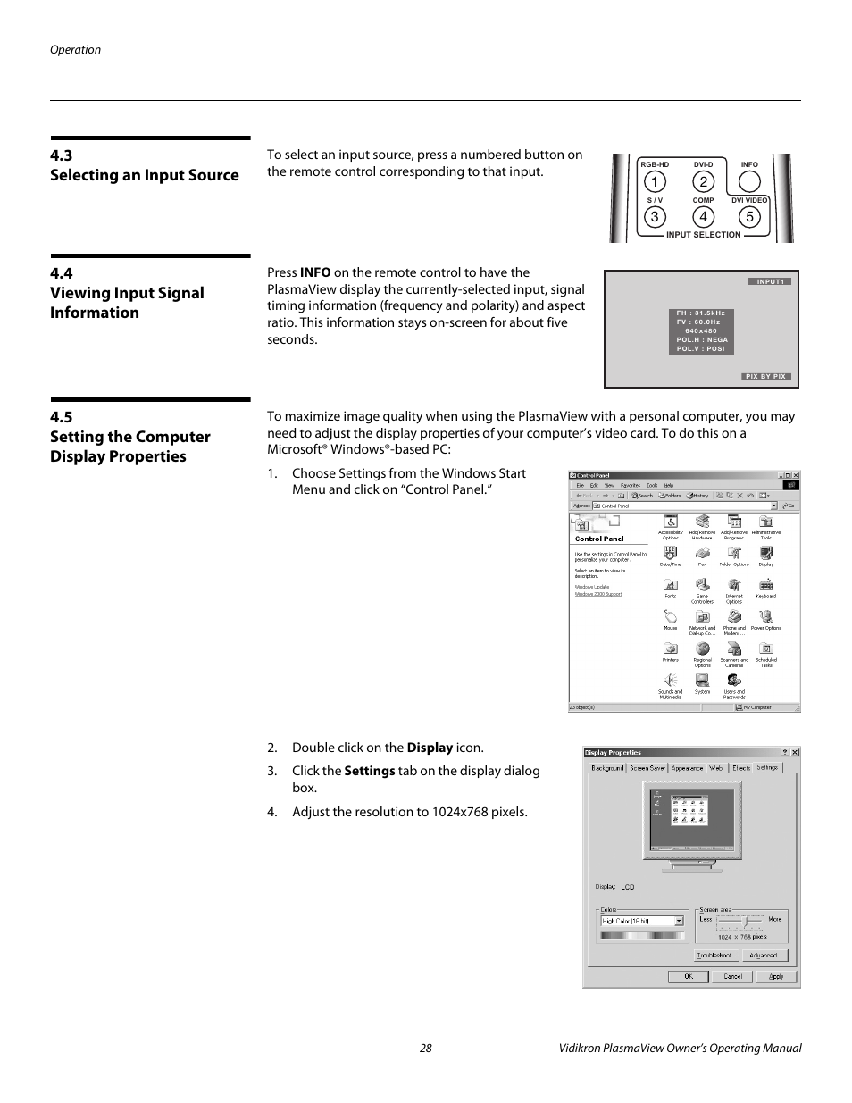 3 selecting an input source, 4 viewing input signal information, 5 setting the computer display properties | Selecting an input source, Viewing input signal information, Setting the computer display properties, Pre l iminar y | Vidikron VP-4200a User Manual | Page 38 / 82