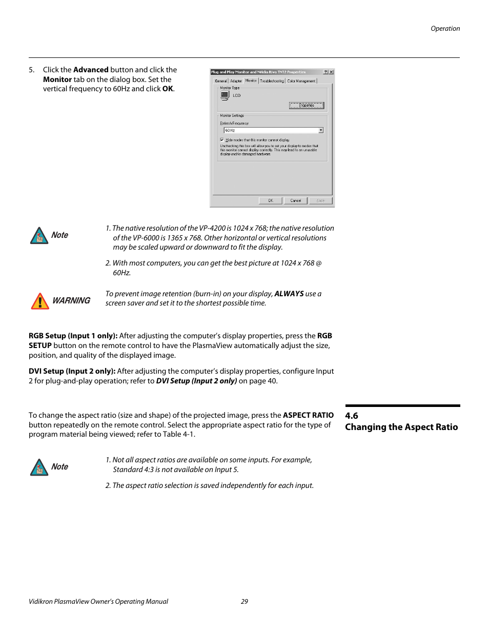 Rgb setup (input 1 only), Dvi setup (input 2 only), 6 changing the aspect ratio | Changing the aspect ratio, Pre l iminar y | Vidikron VP-4200a User Manual | Page 39 / 82