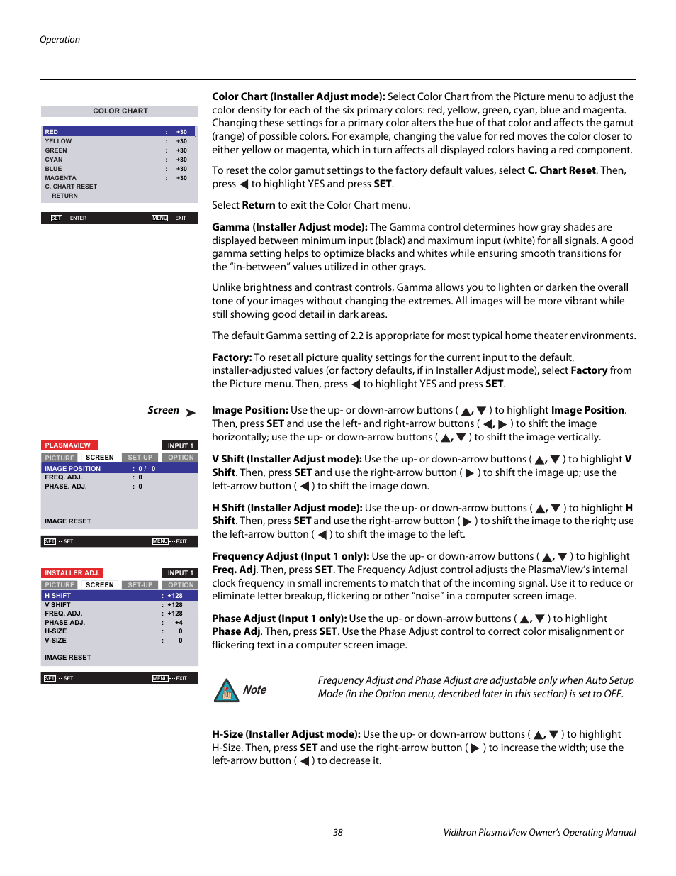 Color chart (installer adjust mode), Gamma (installer adjust mode), Factory | Screen, Image position, V shift (installer adjust mode), H shift (installer adjust mode), Frequency adjust (input 1 only), Phase adjust (input 1 only), H-size (installer adjust mode) | Vidikron VP-4200a User Manual | Page 48 / 82