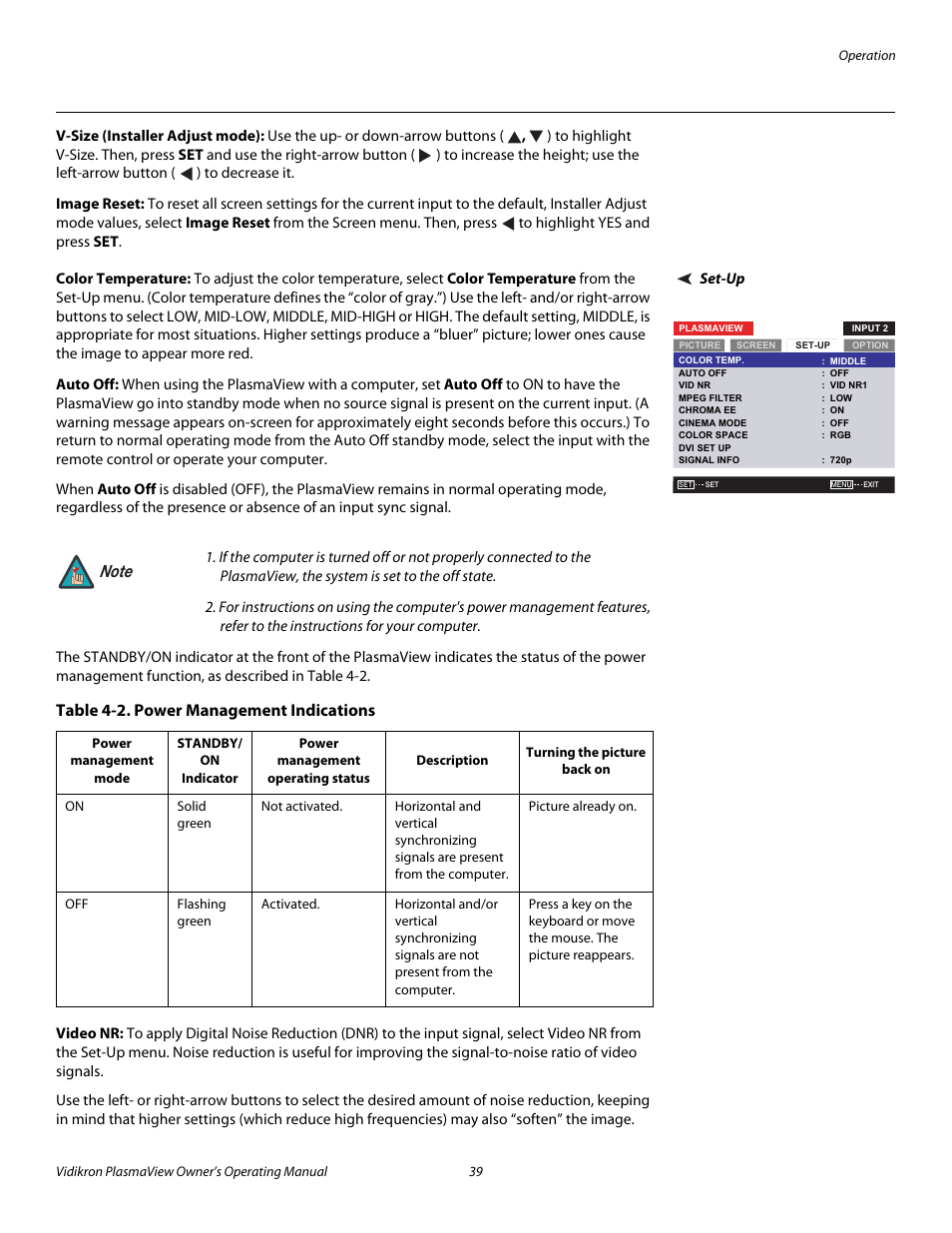 V-size (installer adjust mode), Image reset, Set-up | Color temperature, Auto off, Table 4-2 . power management indications, Video nr, Pre l iminar y | Vidikron VP-4200a User Manual | Page 49 / 82