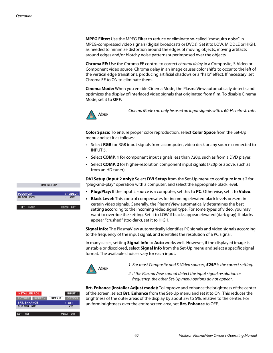 Mpeg filter, Chroma ee, Cinema mode | Color space, Dvi setup (input 2 only), Signal info, Brt. enhance (installer adjust mode), Pre l iminar y | Vidikron VP-4200a User Manual | Page 50 / 82