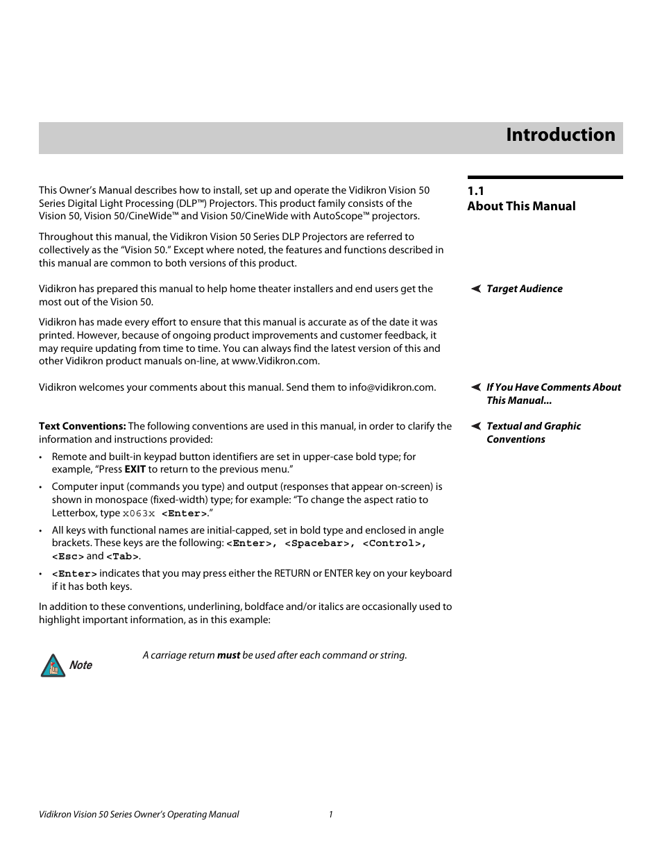 1 introduction, 1 about this manual, Target audience | If you have comments about this manual, Textual and graphic conventions, Text conventions, Introduction, About this manual, Pre l iminar y | Vidikron Vision 50 User Manual | Page 13 / 90