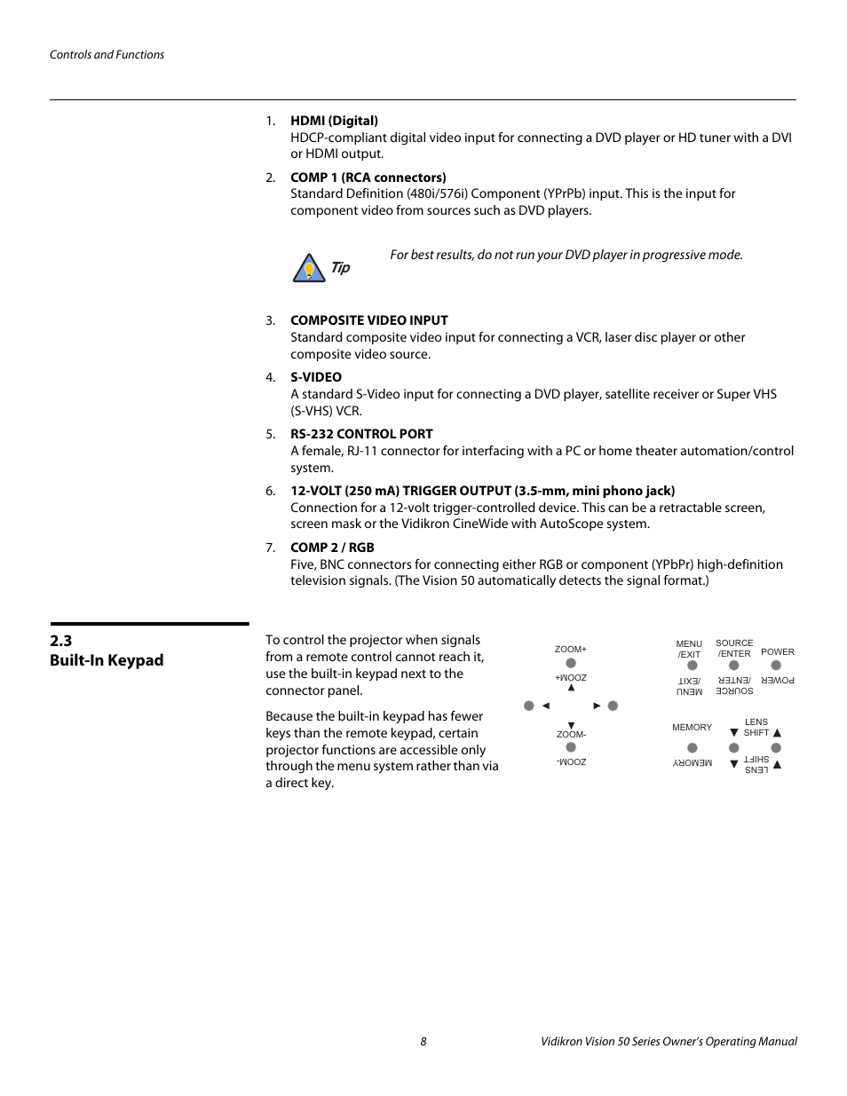 3 built-in keypad, Built-in keypad, Pre l iminar y | Vidikron Vision 50 User Manual | Page 20 / 90