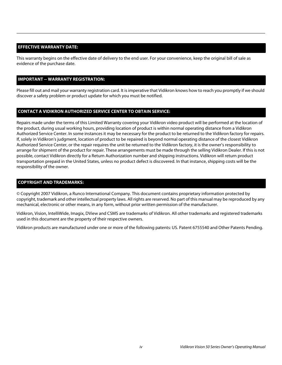 Pre l iminar y | Vidikron Vision 50 User Manual | Page 4 / 90