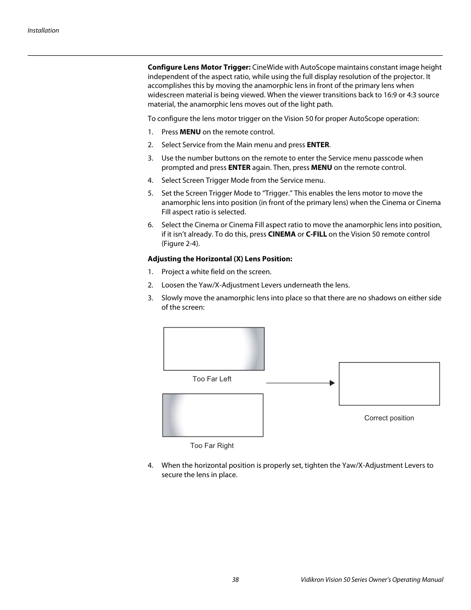 Configure lens motor trigger, Adjusting the horizontal (x) lens position, Pre l iminar y | Vidikron Vision 50 User Manual | Page 50 / 90