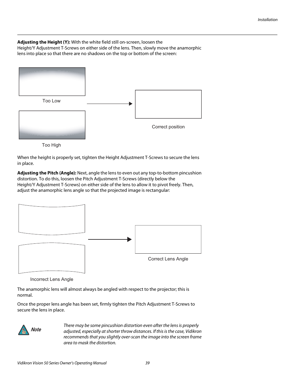 Adjusting the height (y), Adjusting the pitch (angle), Pre l iminar y | Vidikron Vision 50 User Manual | Page 51 / 90