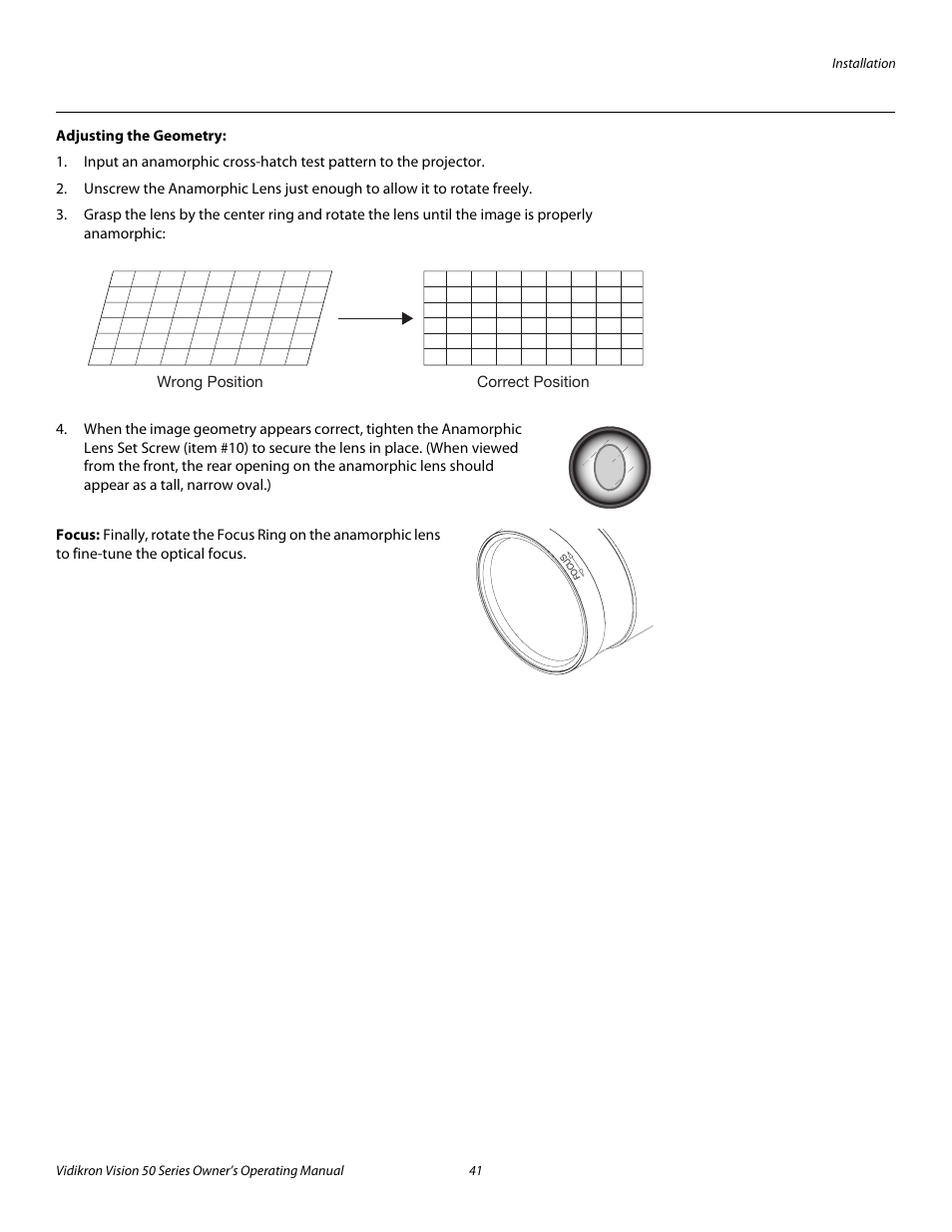 Adjusting the geometry, Focus, Pre l iminar y | Vidikron Vision 50 User Manual | Page 53 / 90