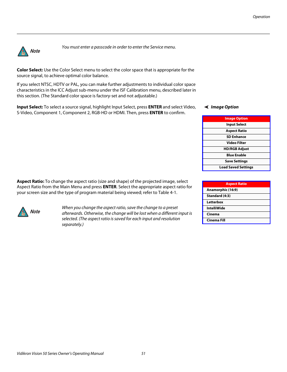 Color select, Image option, Input select | Aspect ratio, 51 through 5, Pre l iminar y | Vidikron Vision 50 User Manual | Page 63 / 90