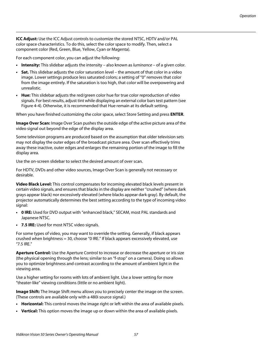 Icc adjust, Image over scan, Video black level | Aperture control, Image shift, A 480i source, use the image shift, Pre l iminar y | Vidikron Vision 50 User Manual | Page 69 / 90