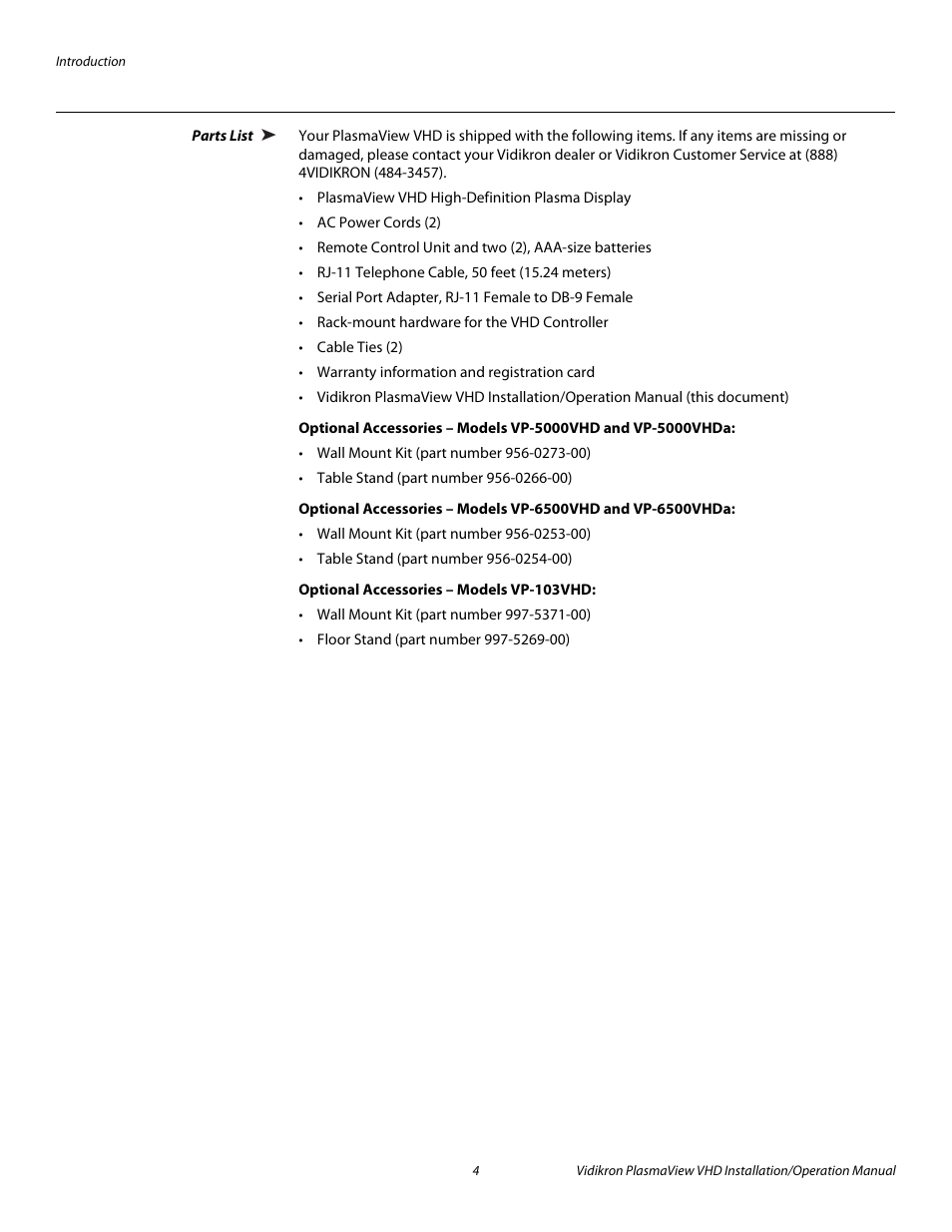 Parts list, Optional accessories - models vp-103vhd, Pre l iminar y | Vidikron PLASMAVIEW VP-6500VHDA User Manual | Page 16 / 82