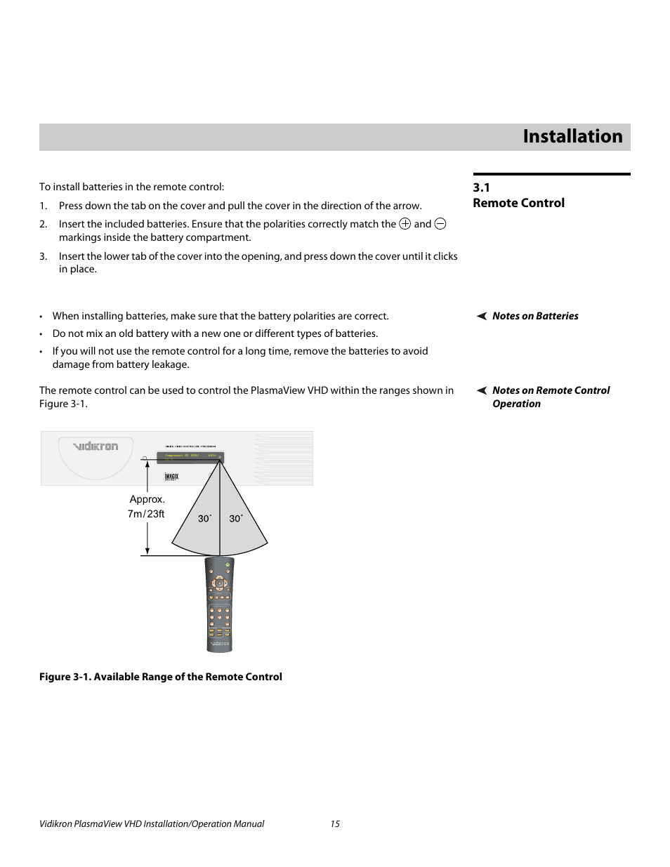3 installation, 1 remote control, Notes on batteries | Notes on remote control operation, Figure 3-1 . available range of the remote control, Installation, Remote control, 1. available range of the remote control, Pre l iminar y | Vidikron PLASMAVIEW VP-6500VHDA User Manual | Page 27 / 82