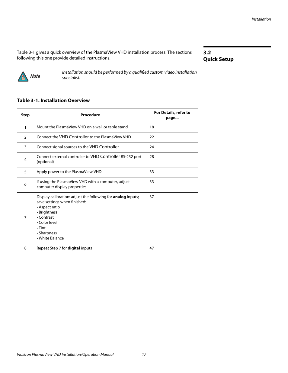 2 quick setup, Table 3-1 . installation overview, Quick setup | Pre l iminar y | Vidikron PLASMAVIEW VP-6500VHDA User Manual | Page 29 / 82
