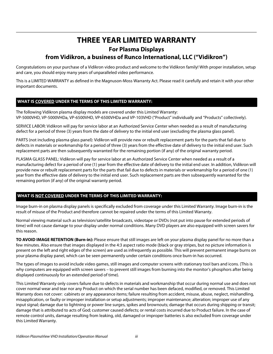 Three year limited warranty, Pre l iminar y | Vidikron PLASMAVIEW VP-6500VHDA User Manual | Page 3 / 82