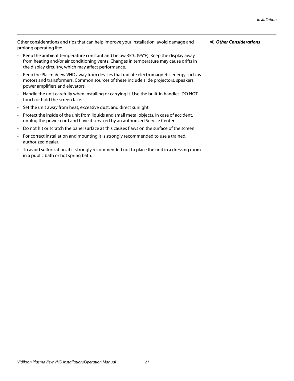 Other considerations, Pre l iminar y | Vidikron PLASMAVIEW VP-6500VHDA User Manual | Page 33 / 82