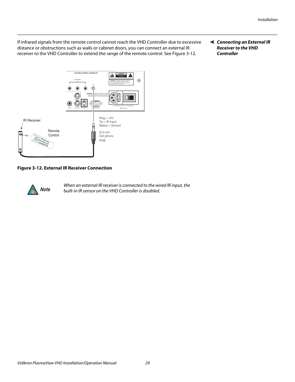Figure 3-12 . external ir receiver connection, 12. external ir receiver connection, Pre l iminar y | Vidikron PLASMAVIEW VP-6500VHDA User Manual | Page 41 / 82