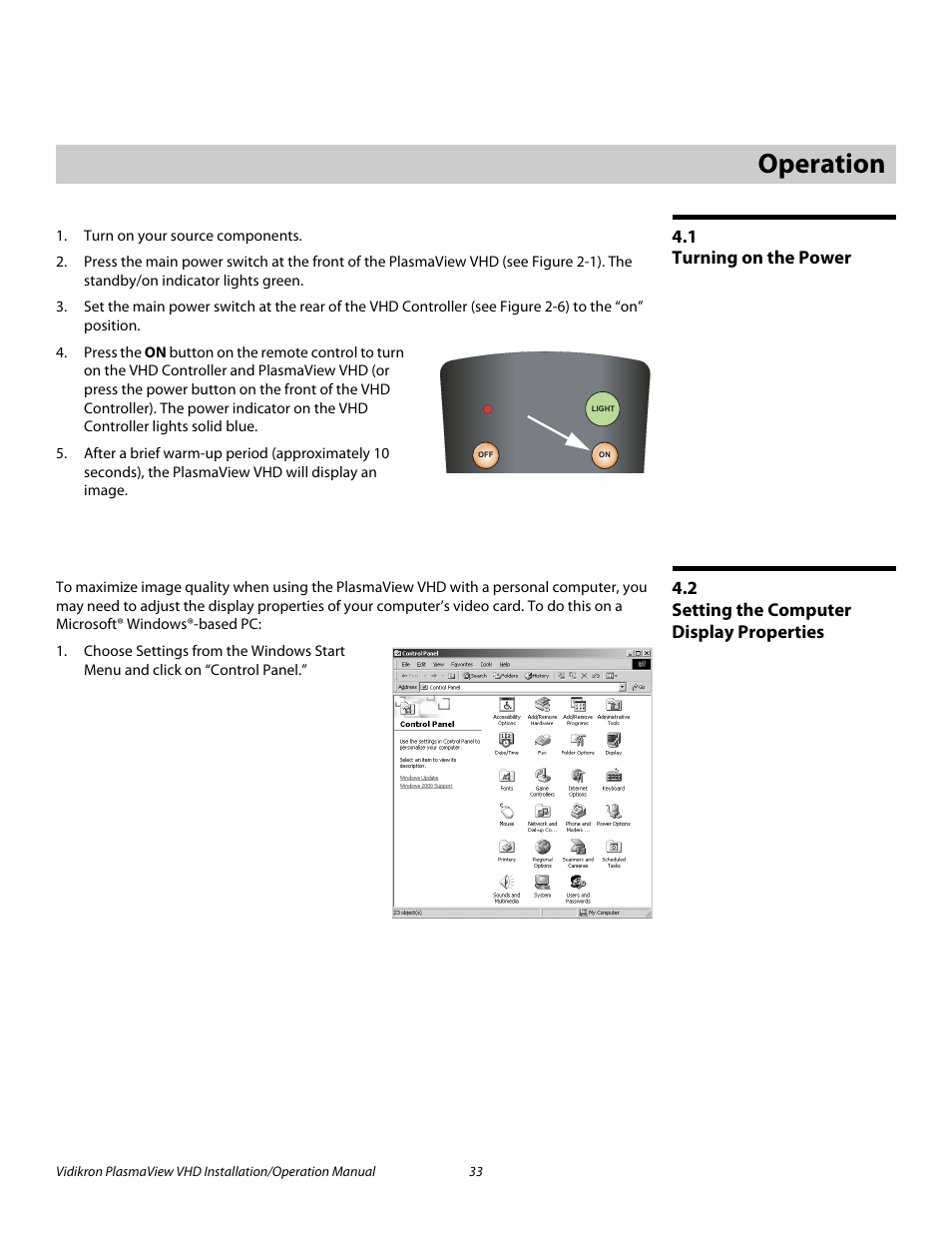 4 operation, 1 turning on the power, 2 setting the computer display properties | Operation, Turning on the power, Setting the computer display properties, Iminar, Pre l iminar y | Vidikron PLASMAVIEW VP-6500VHDA User Manual | Page 45 / 82