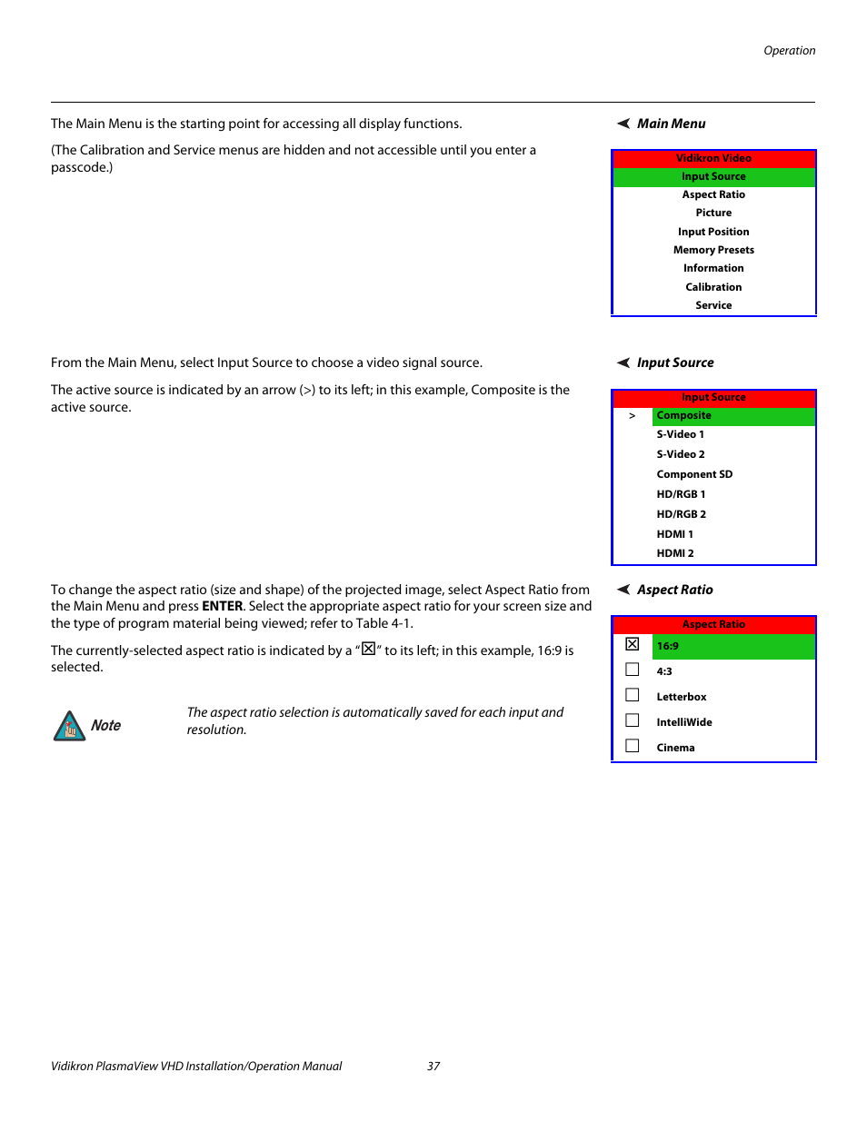 Main menu, Input source, Aspect ratio | Pre l iminar y | Vidikron PLASMAVIEW VP-6500VHDA User Manual | Page 49 / 82