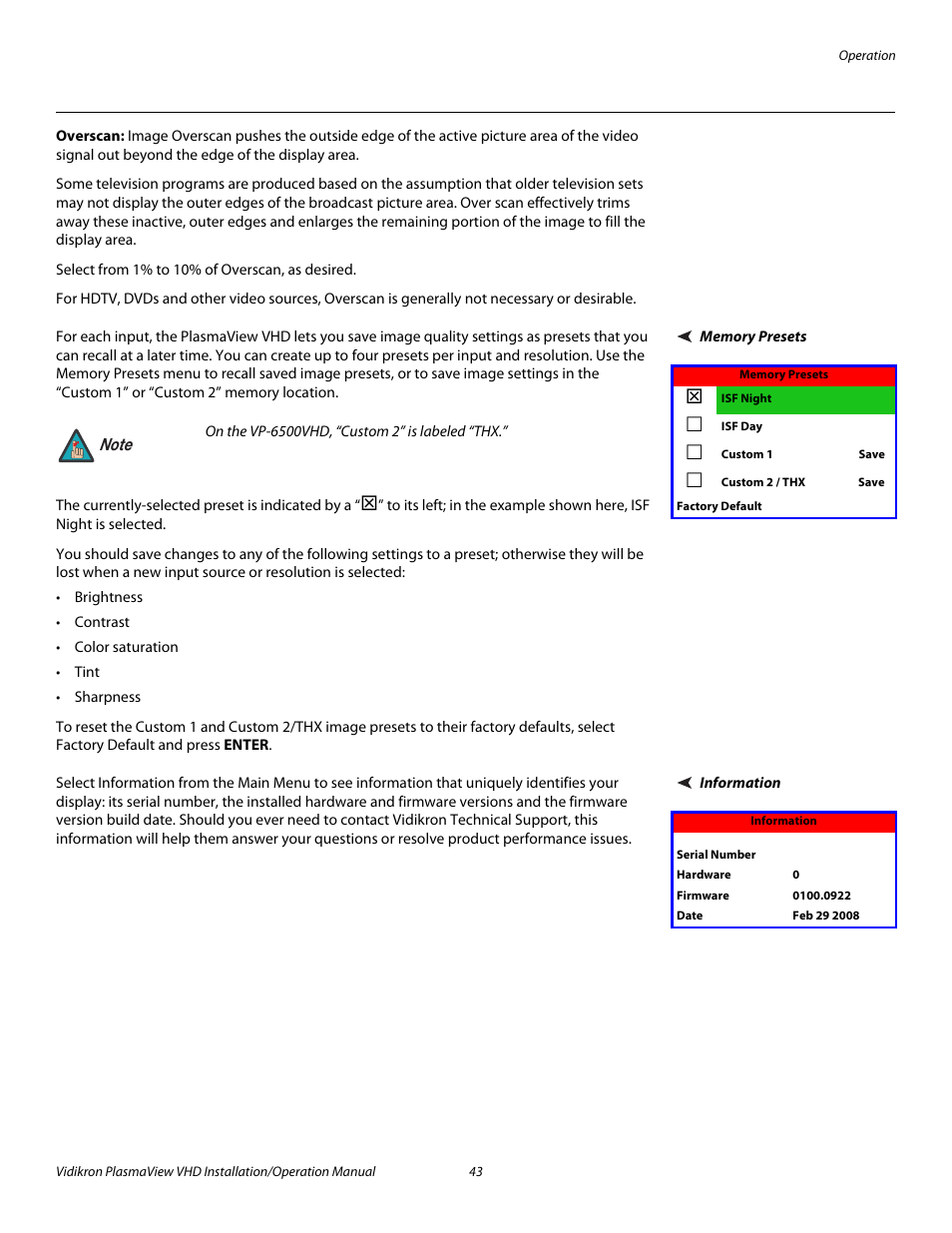 Overscan, Memory presets, Information | Iminar, Pre l iminar y | Vidikron PLASMAVIEW VP-6500VHDA User Manual | Page 55 / 82
