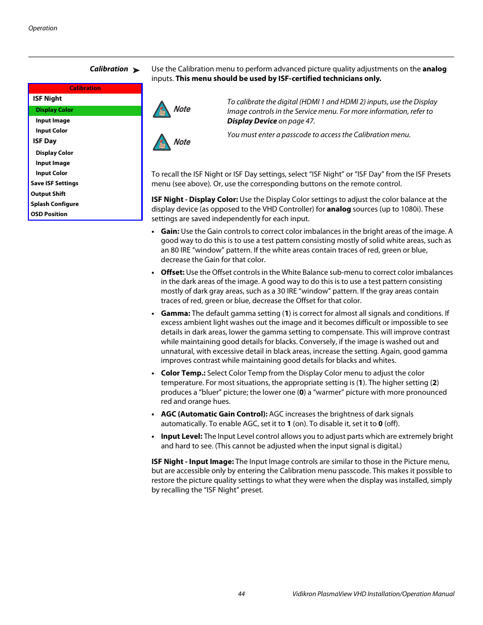 Calibration, Isf night - display color, Isf night - input image | Pre l iminar y | Vidikron PLASMAVIEW VP-6500VHDA User Manual | Page 56 / 82