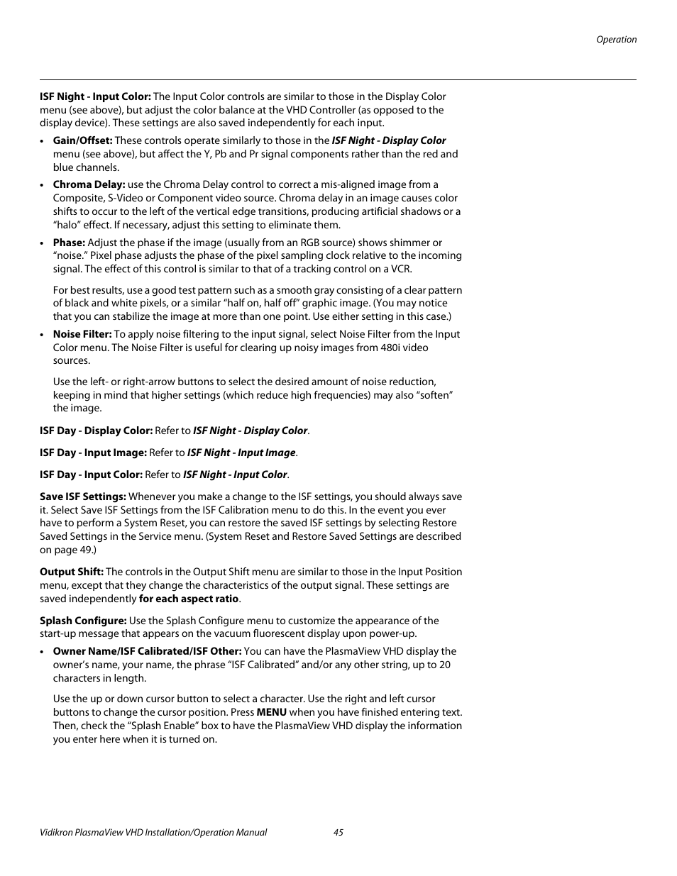 Isf night - input color, Isf day - display color, Isf day - input image | Isf day - input color, Save isf settings, Output shift, Splash configure, Pre l iminar y | Vidikron PLASMAVIEW VP-6500VHDA User Manual | Page 57 / 82