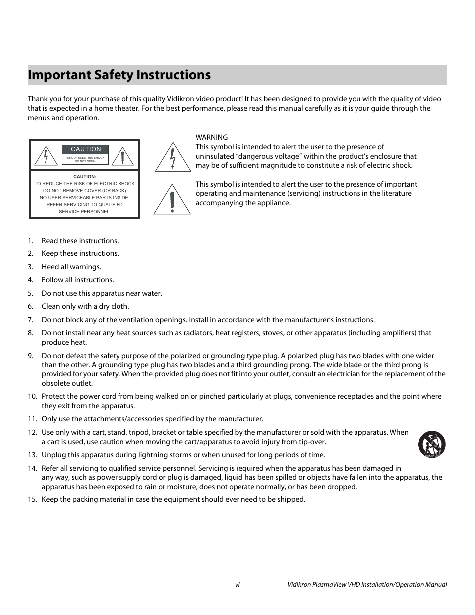 Important safety instructions, Pre l iminar y | Vidikron PLASMAVIEW VP-6500VHDA User Manual | Page 6 / 82