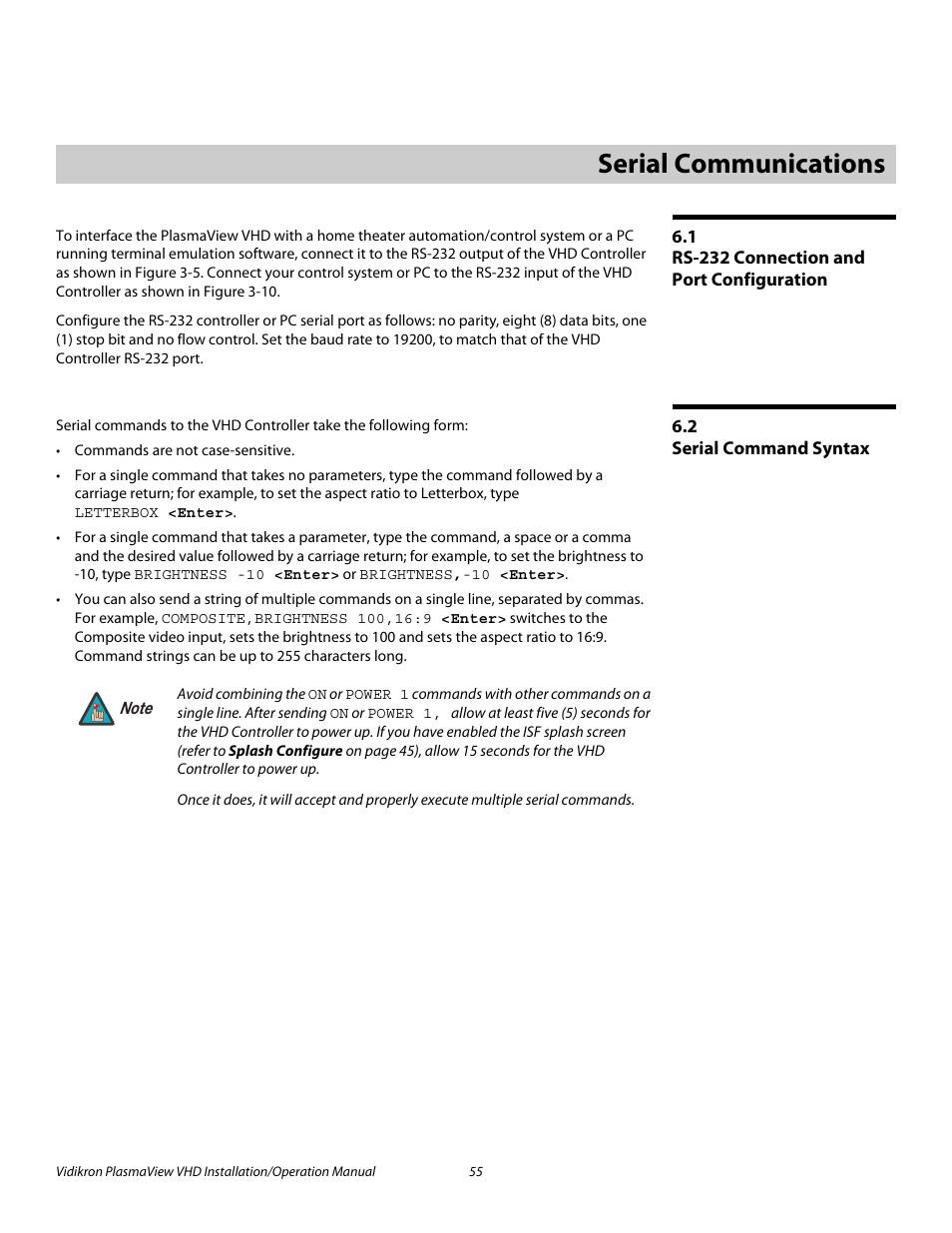 6 serial communications, 1 rs-232 connection and port configuration, 2 serial command syntax | Serial communications, Rs-232 connection and port configuration, Serial command syntax, Pre l iminar y | Vidikron PLASMAVIEW VP-6500VHDA User Manual | Page 67 / 82