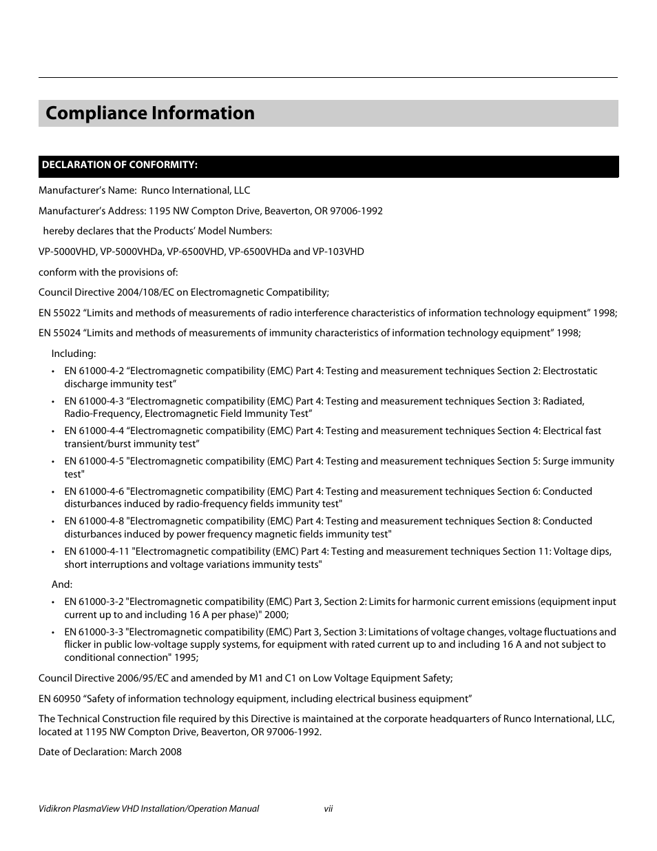 Compliance information, Pre l iminar y | Vidikron PLASMAVIEW VP-6500VHDA User Manual | Page 7 / 82
