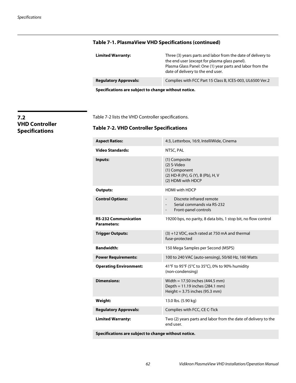 2 vhd controller specifications, Table 7-2 . vhd controller specifications, Vhd controller specifications | Table 7-2, Pre l iminar y | Vidikron PLASMAVIEW VP-6500VHDA User Manual | Page 74 / 82