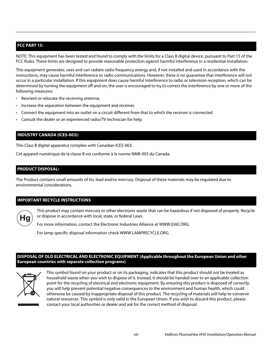 Pre l iminar y | Vidikron PLASMAVIEW VP-6500VHDA User Manual | Page 8 / 82