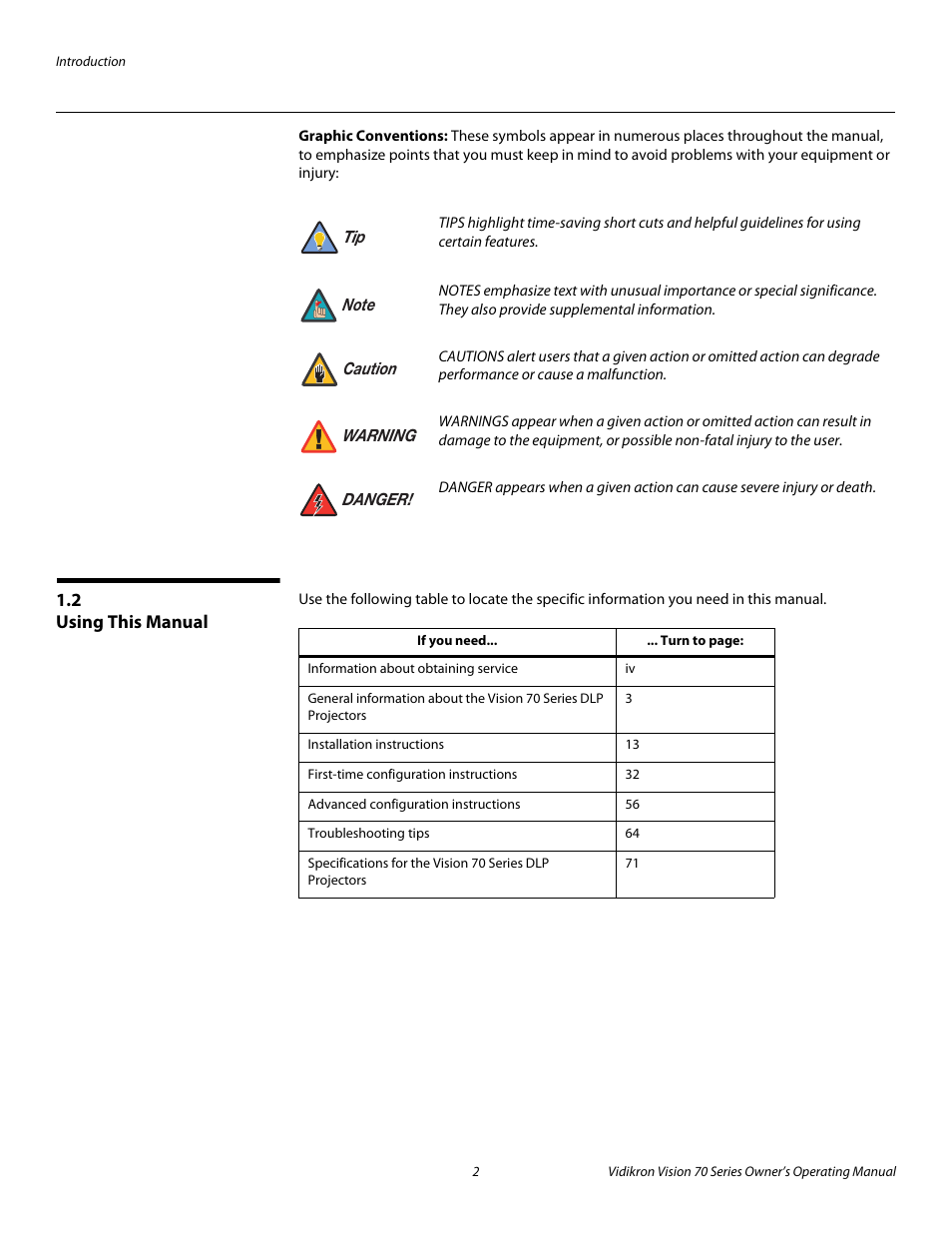Graphic conventions, 2 using this manual, Using this manual | Pre l iminar y | Vidikron vision70 User Manual | Page 14 / 90
